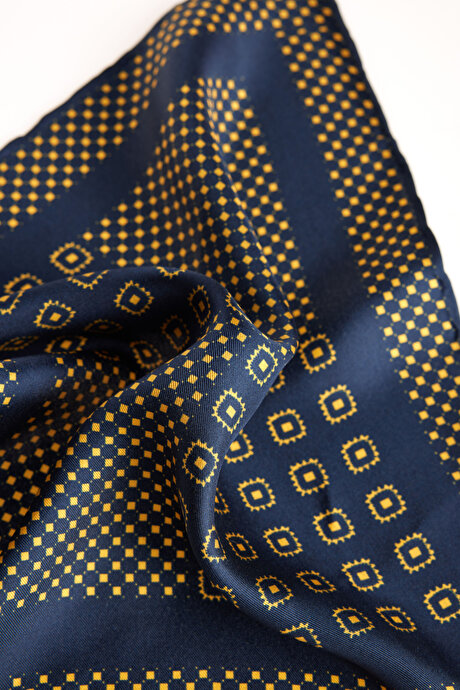 Desenli İpek Lacivert-Sarı Mendil resmi