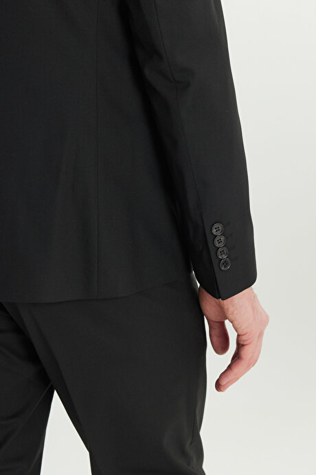 Slim Fit Dar Kesim Kırlangıç Yaka Yünlü Siyah Takım Elbise resmi