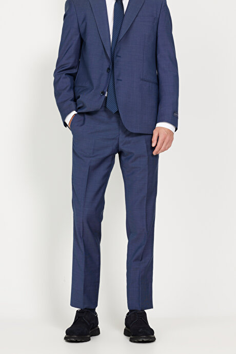 Slim Fit Dar Kesim Kırlangıç Yaka %100 Yün Filafil Desenli Mavi Takım Elbise resmi