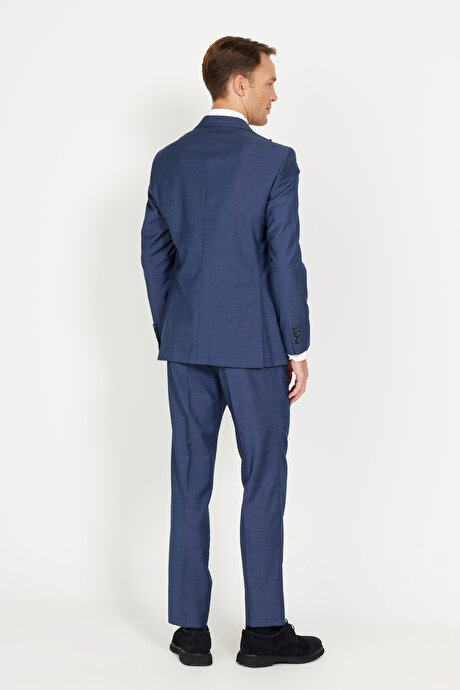 Slim Fit Dar Kesim Kırlangıç Yaka %100 Yün Filafil Desenli Mavi Takım Elbise resmi