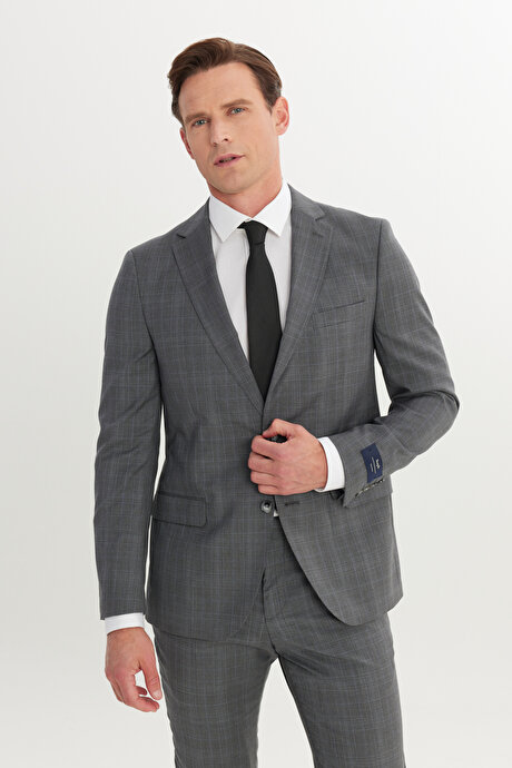 Slim Fit Dar Kesim Mono Yaka %100 Yün Kareli Gri-Mavi Takım Elbise resmi