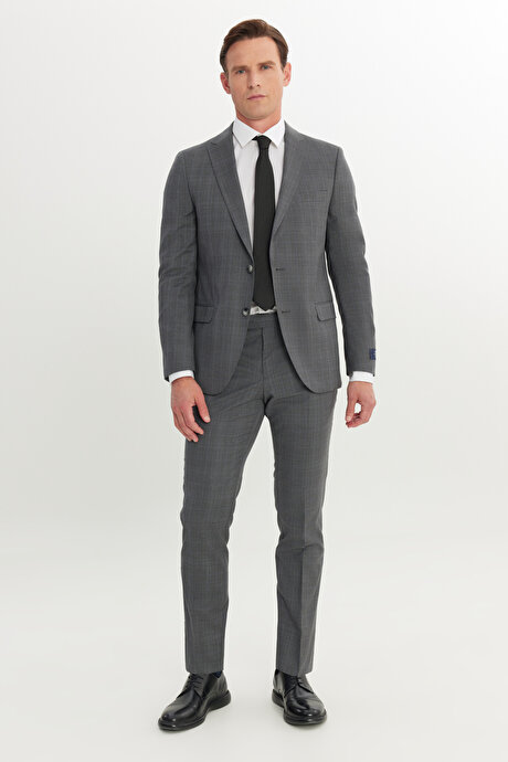 Slim Fit Dar Kesim Mono Yaka %100 Yün Kareli Gri-Mavi Takım Elbise resmi