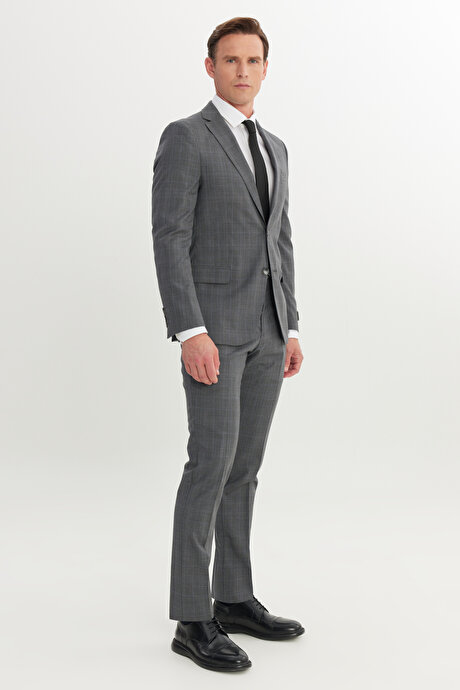 Slim Fit Dar Kesim Mono Yaka %100 Yün Kareli Gri-Mavi Takım Elbise resmi