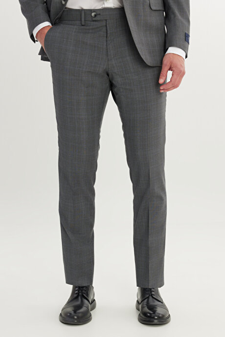 Slim Fit Dar Kesim Mono Yaka %100 Yün Kareli Gri-Mavi Takım Elbise resmi