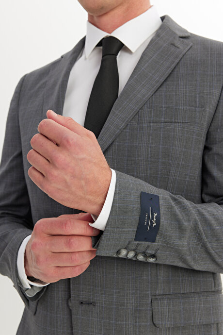 Slim Fit Dar Kesim Mono Yaka %100 Yün Kareli Gri-Mavi Takım Elbise resmi