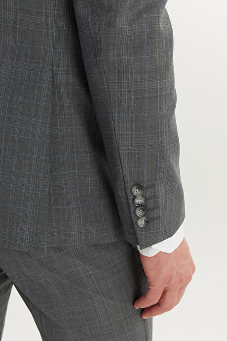 Slim Fit Dar Kesim Mono Yaka %100 Yün Kareli Gri-Mavi Takım Elbise resmi