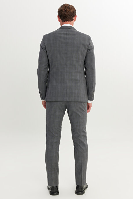 Slim Fit Dar Kesim Mono Yaka %100 Yün Kareli Gri-Mavi Takım Elbise resmi