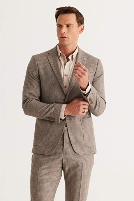 Slim Fit Dar Kesim Mono Yaka Kareli Yünlü Kahverengi Takım Elbise resmi