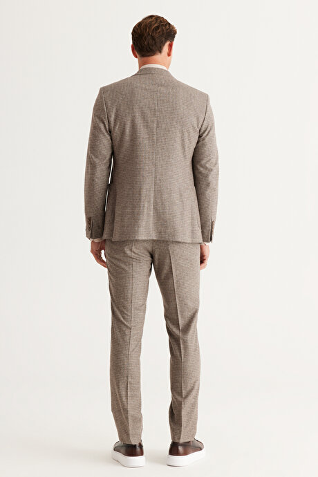 Slim Fit Dar Kesim Mono Yaka Kareli Yünlü Kahverengi Takım Elbise resmi