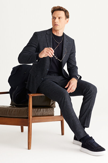 Slim Fit Dar Kesim Mono Yaka Yünlü Desenli Lacivert Takım Elbise resmi