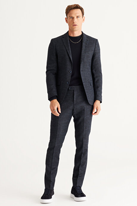 Slim Fit Dar Kesim Mono Yaka Yünlü Desenli Lacivert Takım Elbise resmi