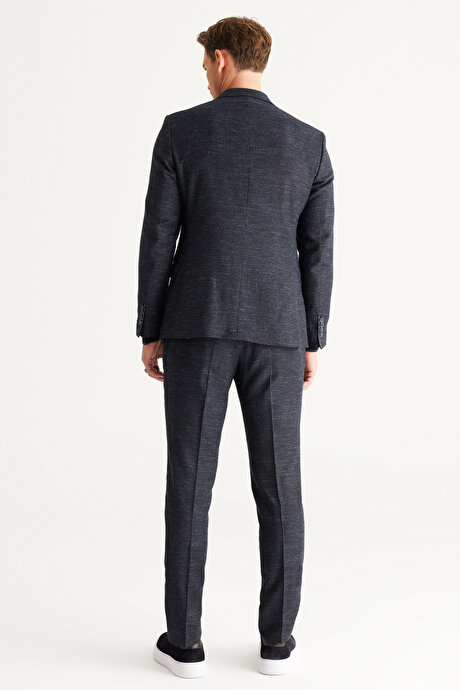 Slim Fit Dar Kesim Mono Yaka Yünlü Desenli Lacivert Takım Elbise resmi