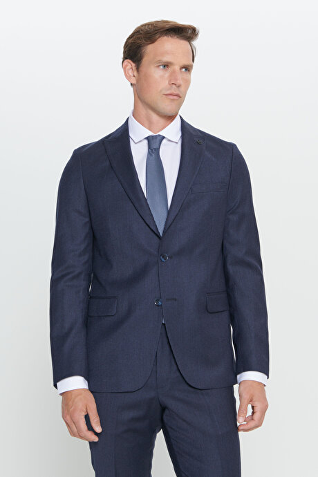 Slim Fit Dar Kesim Kırlangıç Yaka %100 Yünlü Çizgili Lacivert Takım Elbise resmi