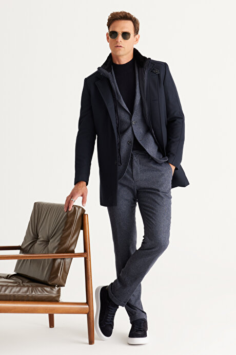 Slim Fit Dar Kesim Mono Yaka Yünlü Desenli Mavi Takım Elbise resmi