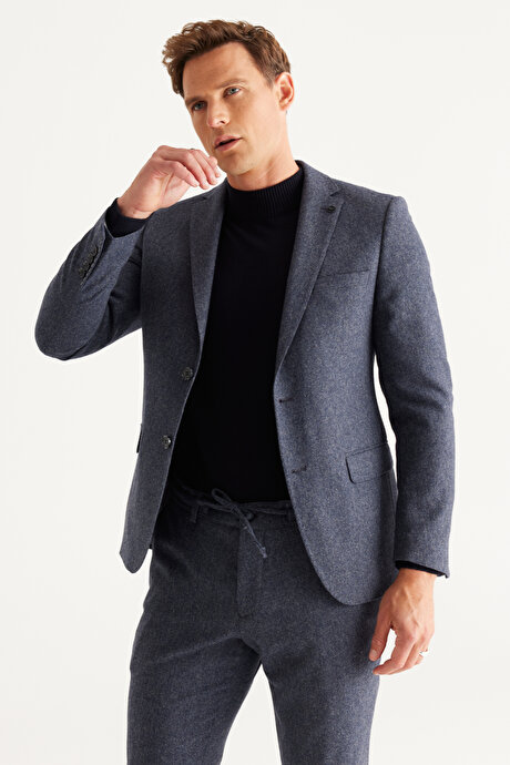 Slim Fit Dar Kesim Mono Yaka Yünlü Desenli Mavi Takım Elbise resmi