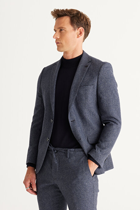 Slim Fit Dar Kesim Mono Yaka Yünlü Desenli Mavi Takım Elbise resmi