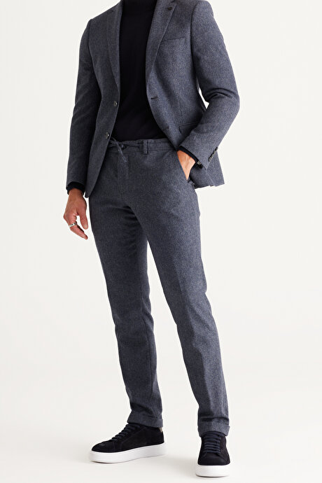 Slim Fit Dar Kesim Mono Yaka Yünlü Desenli Mavi Takım Elbise resmi