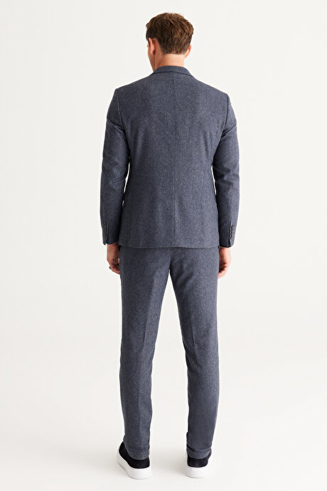 Slim Fit Dar Kesim Mono Yaka Yünlü Desenli Mavi Takım Elbise resmi