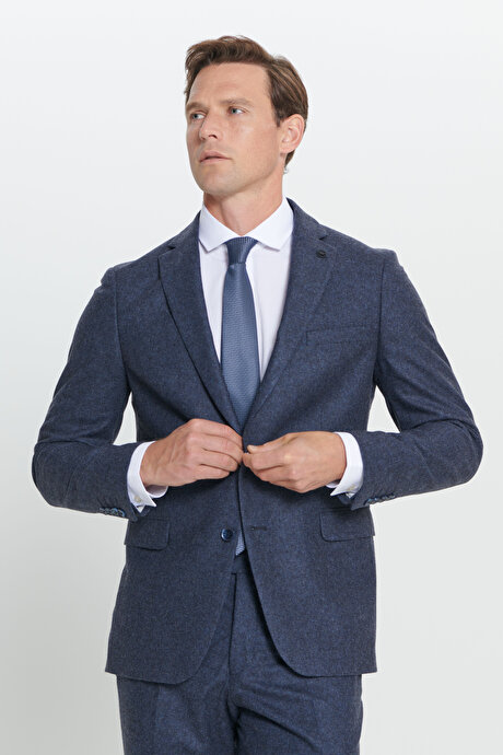 Slim Fit Dar Kesim Mono Yaka Desenli Yünlü Lacivert Takım Elbise resmi