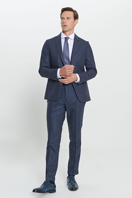 Slim Fit Dar Kesim Mono Yaka Desenli Yünlü Lacivert Takım Elbise resmi