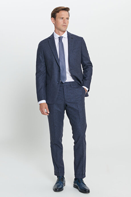 Slim Fit Dar Kesim Mono Yaka Desenli Yünlü Lacivert Takım Elbise resmi