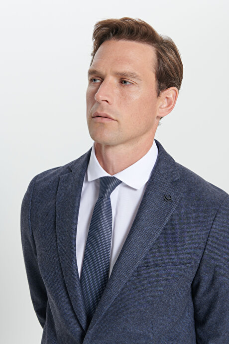 Slim Fit Dar Kesim Mono Yaka Desenli Yünlü Lacivert Takım Elbise resmi