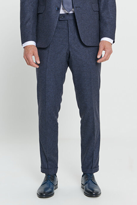 Slim Fit Dar Kesim Mono Yaka Desenli Yünlü Lacivert Takım Elbise resmi