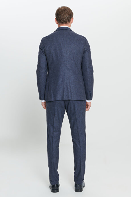 Slim Fit Dar Kesim Mono Yaka Desenli Yünlü Lacivert Takım Elbise resmi