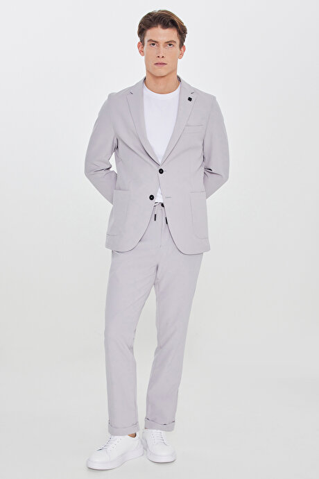 Slim Fit Dar Kesim Mono Yaka Beli Bağlamalı Desenli Gri Takım Elbise resmi