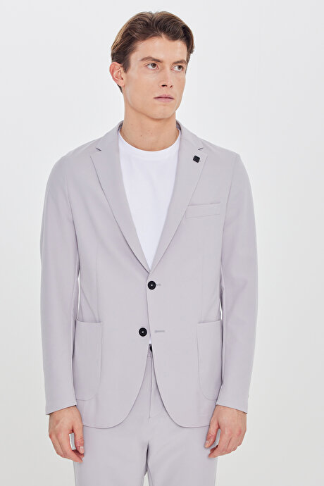 Slim Fit Dar Kesim Mono Yaka Beli Bağlamalı Desenli Gri Takım Elbise resmi