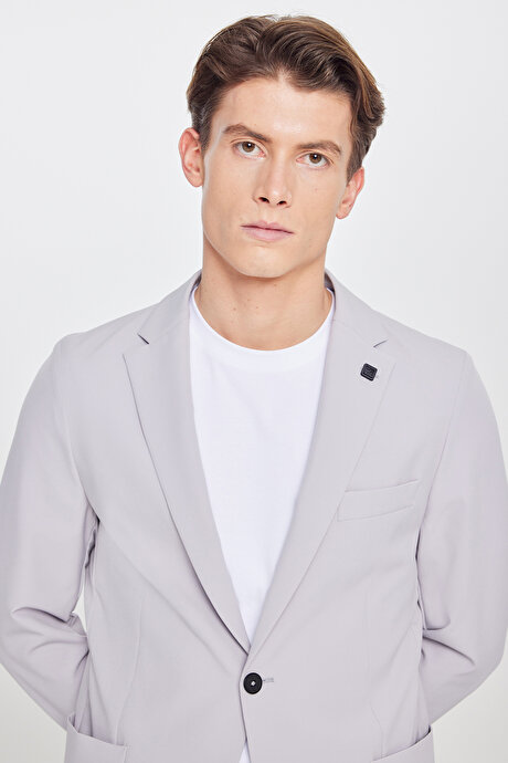 Slim Fit Dar Kesim Mono Yaka Beli Bağlamalı Desenli Gri Takım Elbise resmi