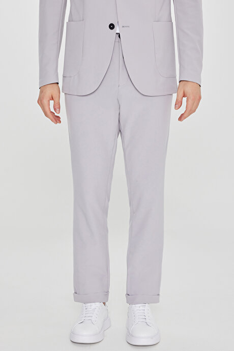 Slim Fit Dar Kesim Mono Yaka Beli Bağlamalı Desenli Gri Takım Elbise resmi