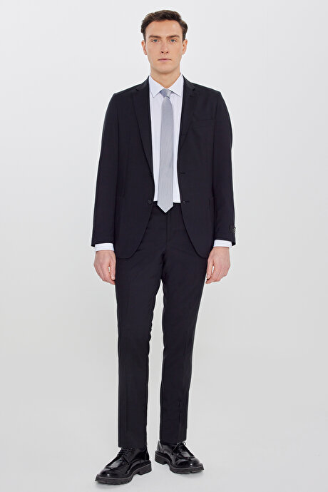 Slim Fit Mono Yaka %100 Yün Filafil Desenli Gri Takım Elbise resmi