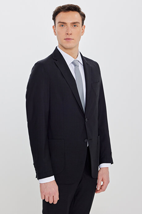 Slim Fit Mono Yaka %100 Yün Filafil Desenli Gri Takım Elbise resmi