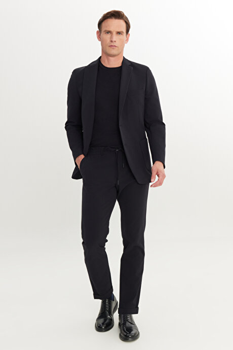 Slim Fit Dar Kesim Mono Yaka Beli Bağlamalı Siyah Takım Elbise resmi