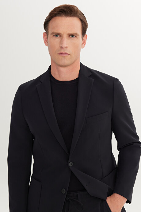 Slim Fit Dar Kesim Mono Yaka Beli Bağlamalı Siyah Takım Elbise resmi