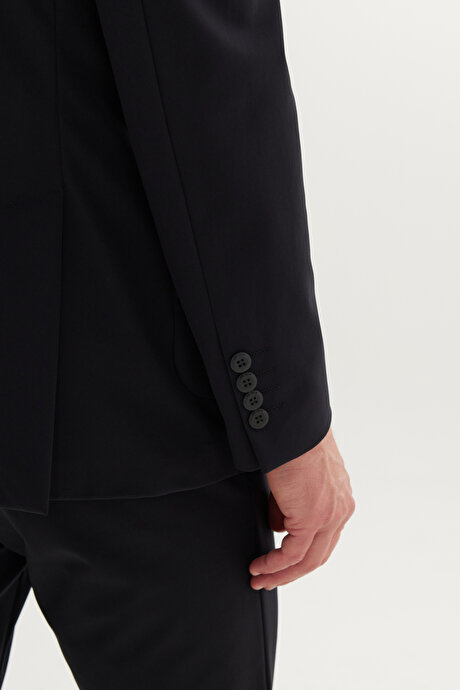 Slim Fit Dar Kesim Mono Yaka Beli Bağlamalı Siyah Takım Elbise resmi