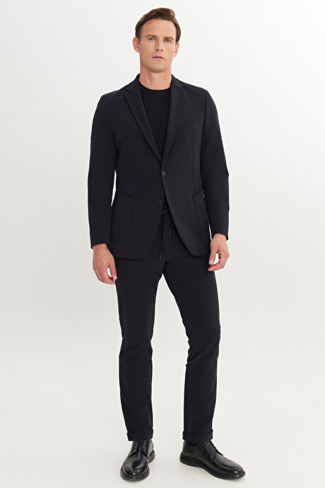 Slim Fit Dar Kesim Mono Yaka Beli Bağlamalı Siyah Takım Elbise resmi