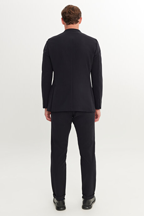 Slim Fit Dar Kesim Mono Yaka Beli Bağlamalı Siyah Takım Elbise resmi