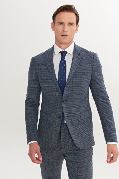 Yünlü Slim Fit Dar Kesim Mono Yaka Kapak Cepli Desenli Esnek Lacivert-Beyaz Takım Elbise resmi