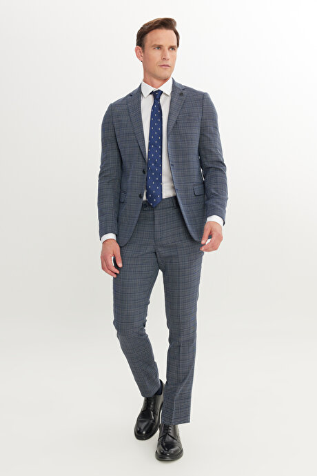 Yünlü Slim Fit Dar Kesim Mono Yaka Kapak Cepli Desenli Esnek Lacivert-Beyaz Takım Elbise resmi