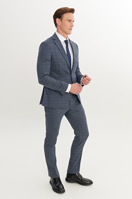 Yünlü Slim Fit Dar Kesim Mono Yaka Kapak Cepli Desenli Esnek Lacivert-Beyaz Takım Elbise resmi