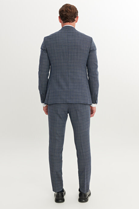 Yünlü Slim Fit Dar Kesim Mono Yaka Kapak Cepli Desenli Esnek Lacivert-Beyaz Takım Elbise resmi