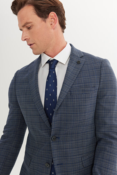 Yünlü Slim Fit Dar Kesim Mono Yaka Kapak Cepli Desenli Esnek Lacivert-Beyaz Takım Elbise resmi