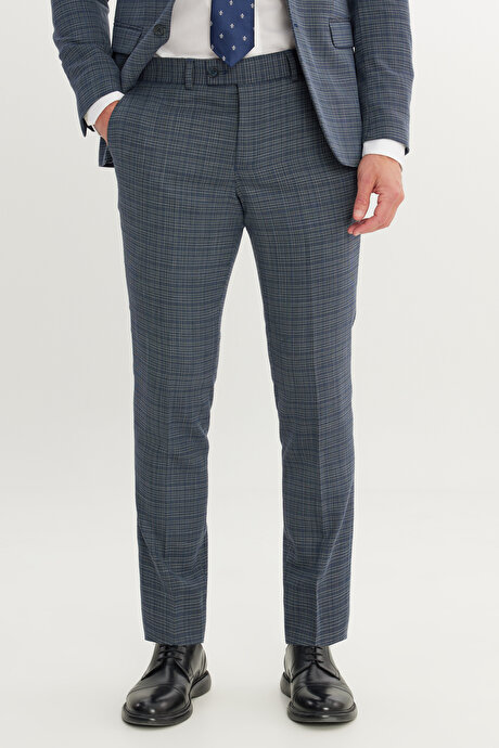 Yünlü Slim Fit Dar Kesim Mono Yaka Kapak Cepli Desenli Esnek Lacivert-Beyaz Takım Elbise resmi