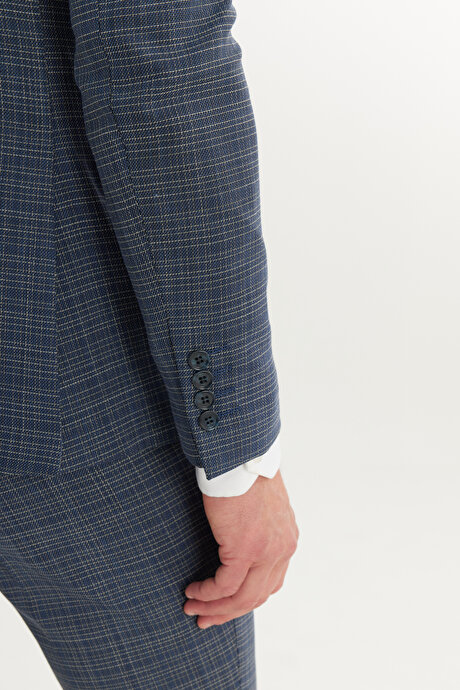 Yünlü Slim Fit Dar Kesim Mono Yaka Kapak Cepli Desenli Esnek Lacivert-Beyaz Takım Elbise resmi