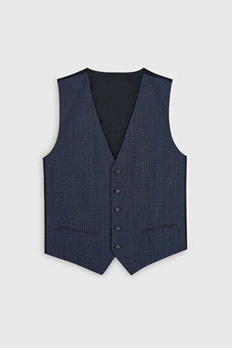 Yünlü Ekstra Slim Fit Dar Kesim Mono Yaka Desenli Yelekli Lacivert-Mavi Yelekli Takım Elbise resmi