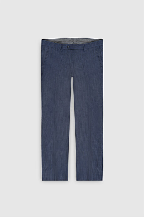 Yünlü Ekstra Slim Fit Dar Kesim Mono Yaka Desenli Yelekli Lacivert-Mavi Yelekli Takım Elbise resmi