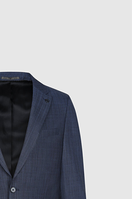 Yünlü Ekstra Slim Fit Dar Kesim Mono Yaka Desenli Yelekli Lacivert-Mavi Yelekli Takım Elbise resmi