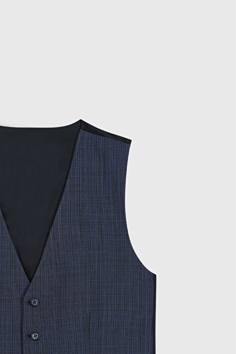 Yünlü Ekstra Slim Fit Dar Kesim Mono Yaka Desenli Yelekli Lacivert-Mavi Yelekli Takım Elbise resmi